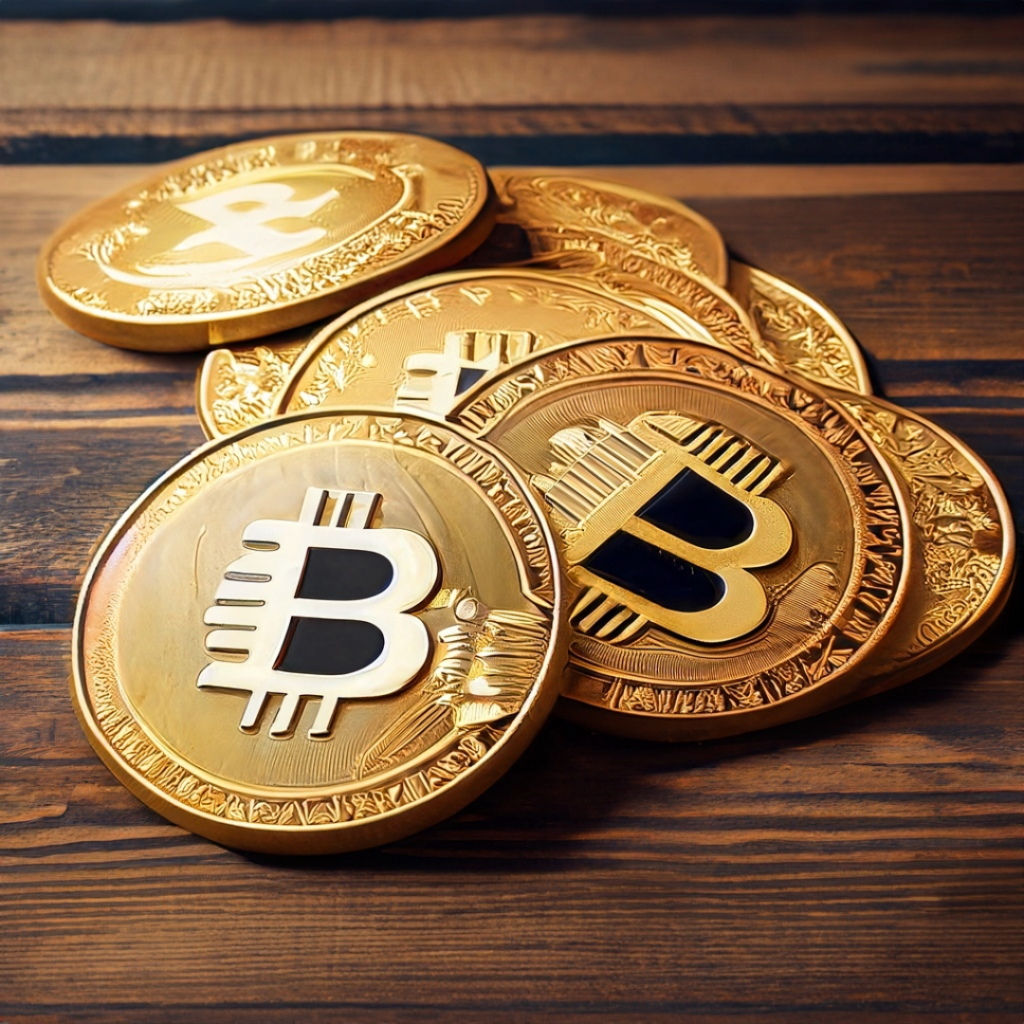 Cryptocurrency bitcoin wooden table