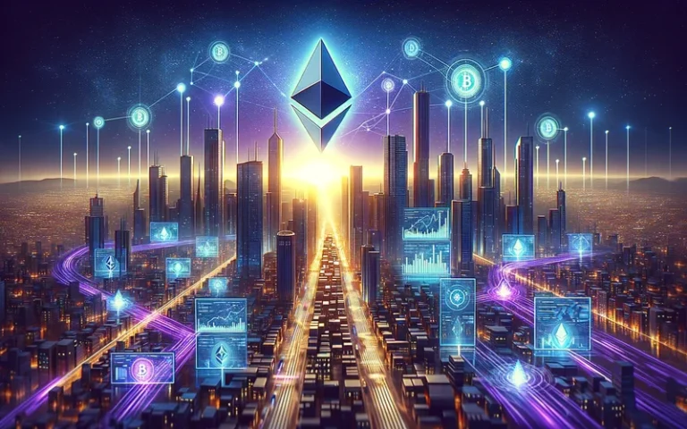 Digital collage of Ethereum coin with diverse purchase icons - art, real estate, luxury goods, and travel, symbolizing Ethereum's expansive buying power in 2024.