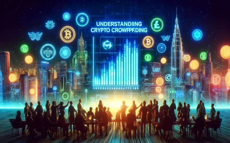 Infographic of crypto crowdfunding process with blockchain and smart contracts