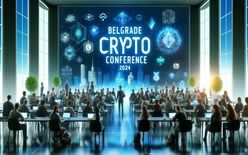 Attendees at Belgrade Crypto Conference 2024 discussing blockchain technology.