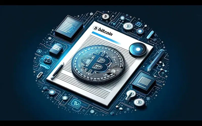 Bitcoin white paper on screen with cryptography icons.