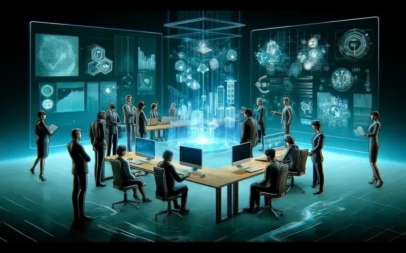 Team collaboration in Metaverse digital workspace with VR interfaces.