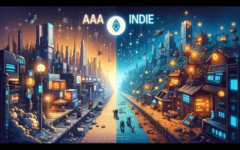 AAA vs Indie blockchain gaming environments with digital asset interaction.