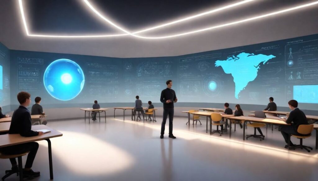 Students using Meta Quest headsets in a virtual classroom setting.
