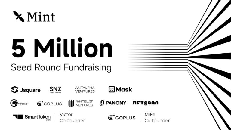 Mint Blockchain logo with blockchain symbols, highlighting the mainnet launch and $5 million seed funding.