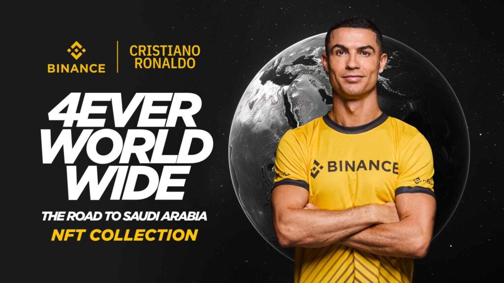 Cristiano Ronaldo and Binance promoting CR7 Forever Binance Live Events with NFTs.