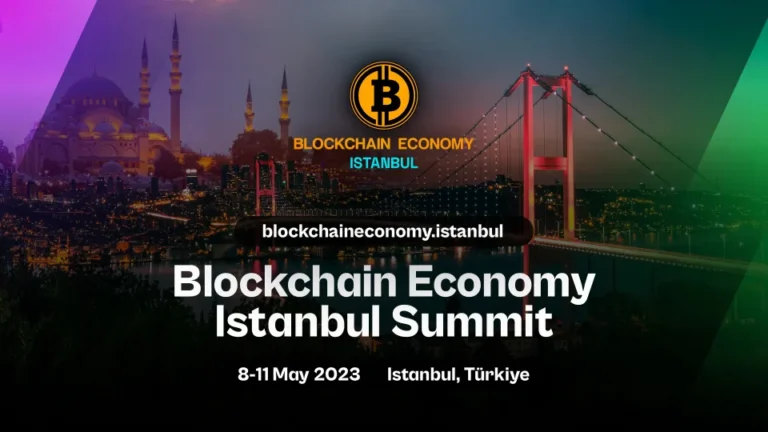 Blockchain Economy Istanbul Summit with speakers and audience against Istanbul's skyline.