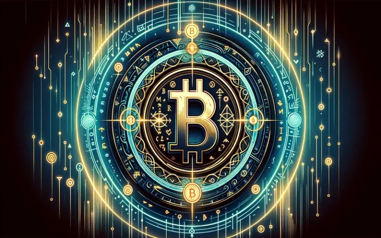 Bitcoin Runes merging in a digital crypto landscape illustration.