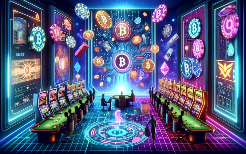 Virtual casino scene with people interacting, NFT tokens, and gaming assets.