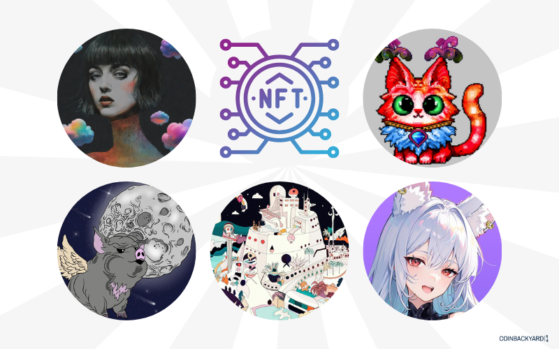 Collage of NFT artworks: Counter Fire Genesis Heroes, Maine Koon Cats, SolCity 86, Spectrum, and Nike The Pig