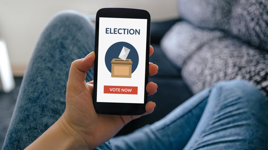 Illustration of blockchain technology being used for secure and transparent voting in elections.