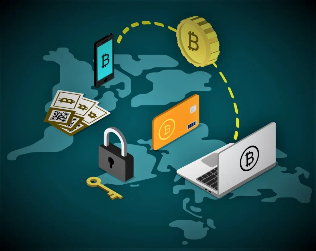 Cryptocurrency transfer across borders with blockchain technology and global connections.