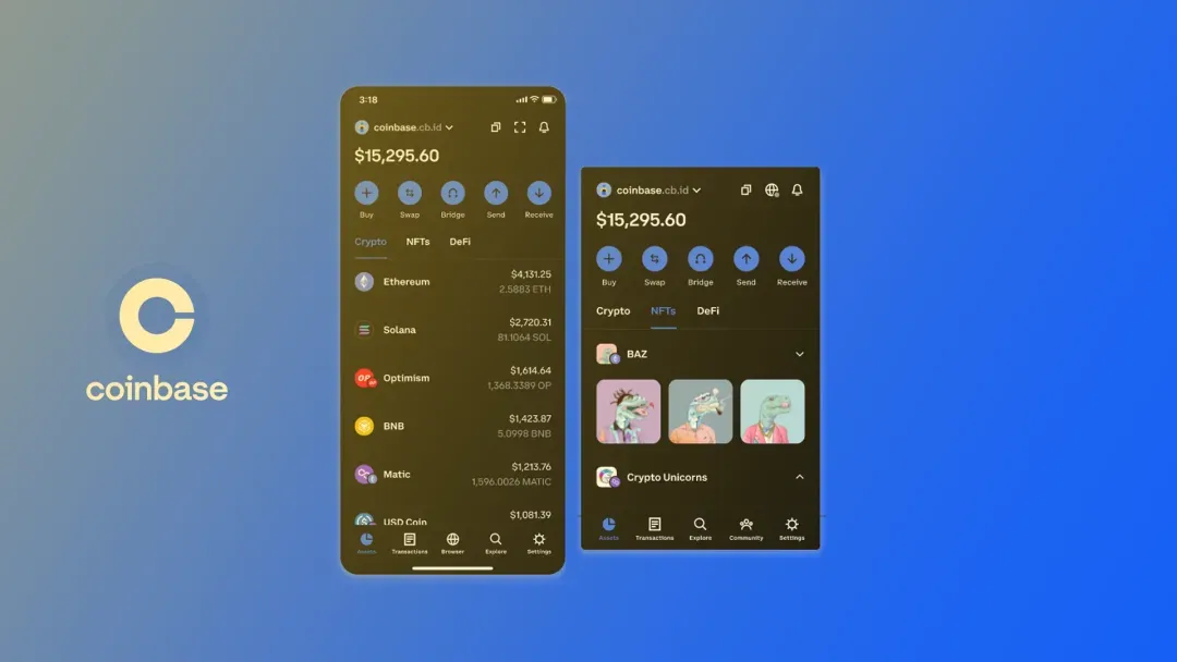 Screenshot of Coinbase Wallet interface, highlighting multi-currency support, DApp access, and security features.