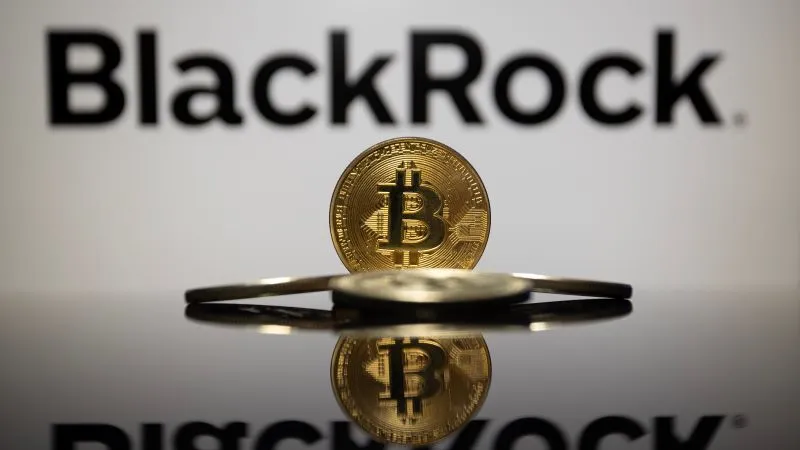 BlackRock headquarters with Bitcoin logo, symbolizing their significant cryptocurrency investment.