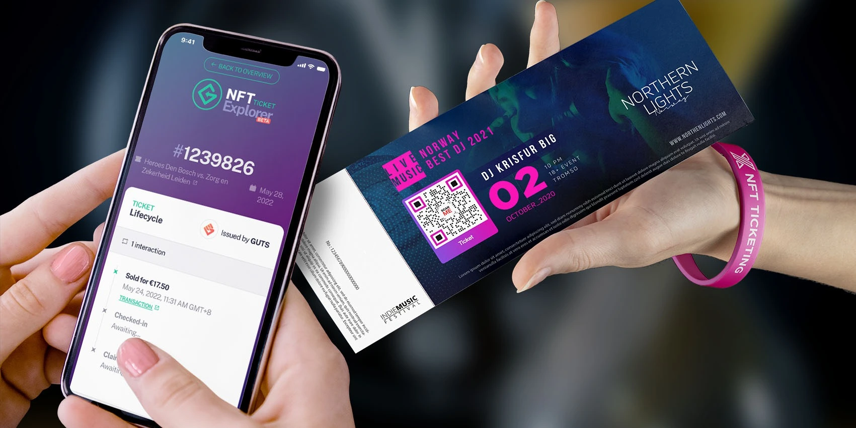 NFT ticketing concept with digital tickets on blockchain for concerts and events.