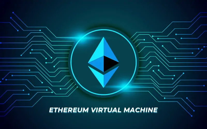 Illustration of the Ethereum Virtual Machine (EVM) architecture and its components on the blockchain.