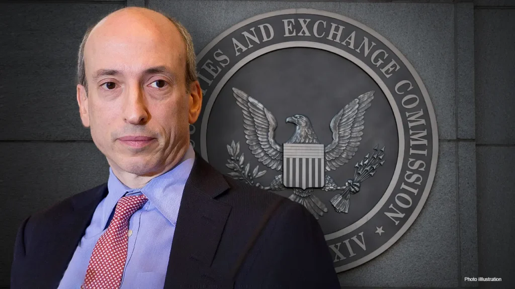 Legal documents with gavel and cryptocurrency coins, representing SEC crypto lawsuit filed by 18 states.
