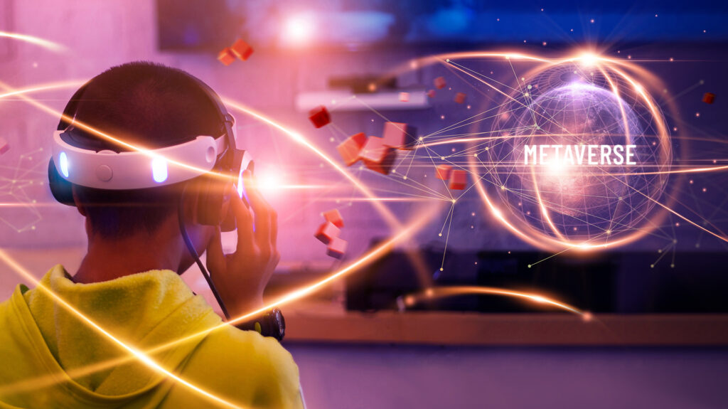 Illustration of interoperable gaming in the metaverse, highlighting cross-platform avatars and tokenized assets in a connected ecosystem.