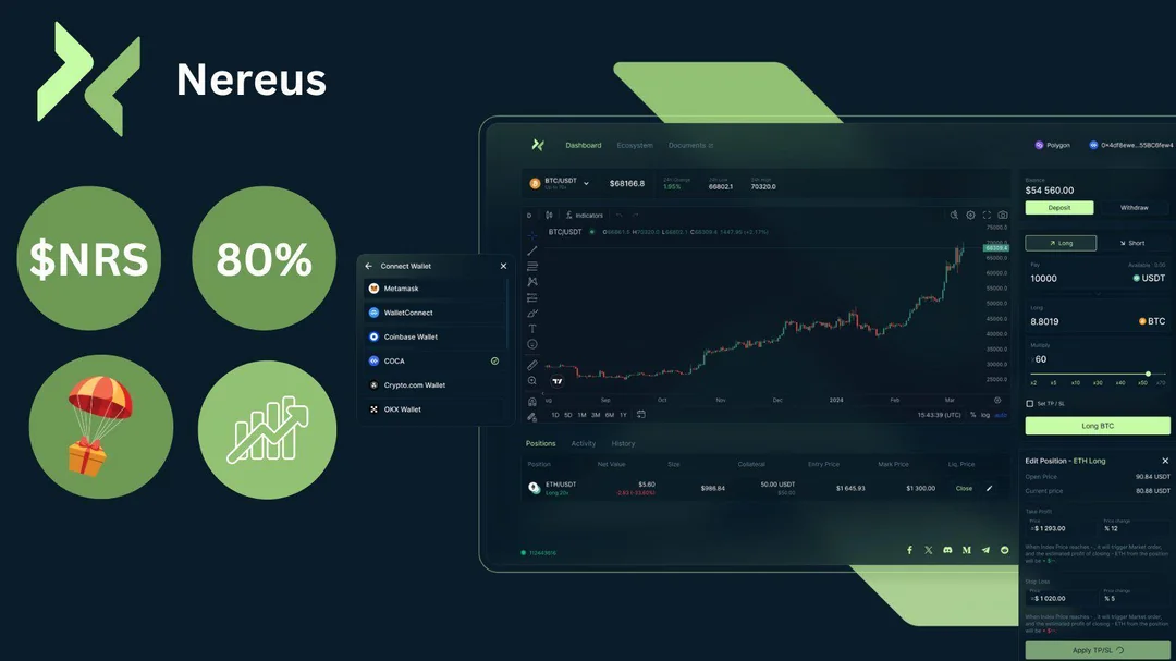 Nereus Token (NRS) symbol with blockchain background showcasing its DeFi ecosystem features for 2024
