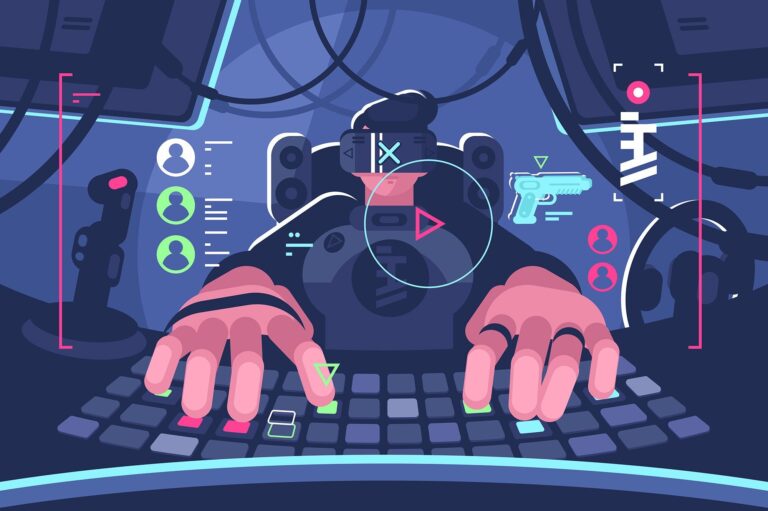 A futuristic gaming scene showcasing play-to-earn blockchain games with NFT assets, decentralized markets, and crypto rewards.