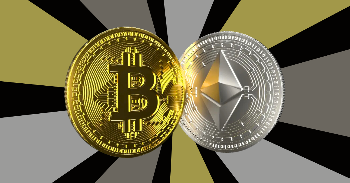 Bitcoin and Ethereum logos with stock market charts in the background