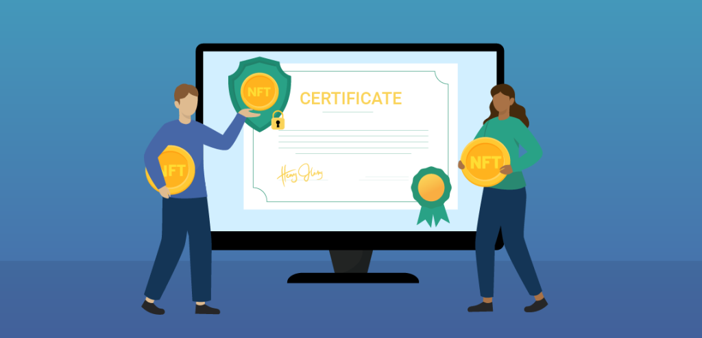 Digital NFT diploma certificate on blockchain with student holding a smartphone