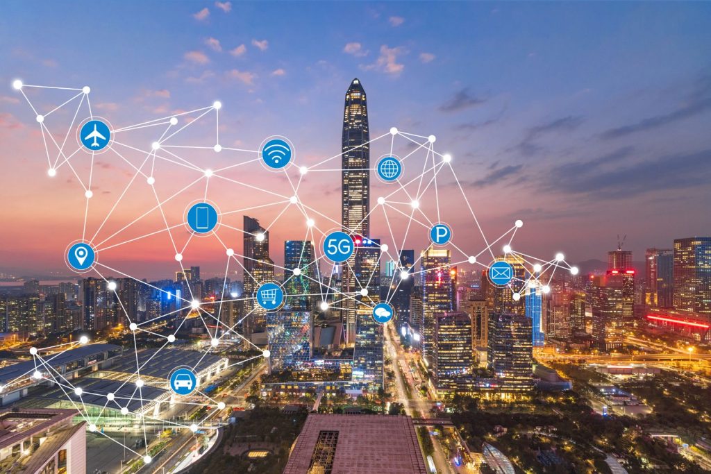 Illustration of a smart city with blockchain-connected infrastructure